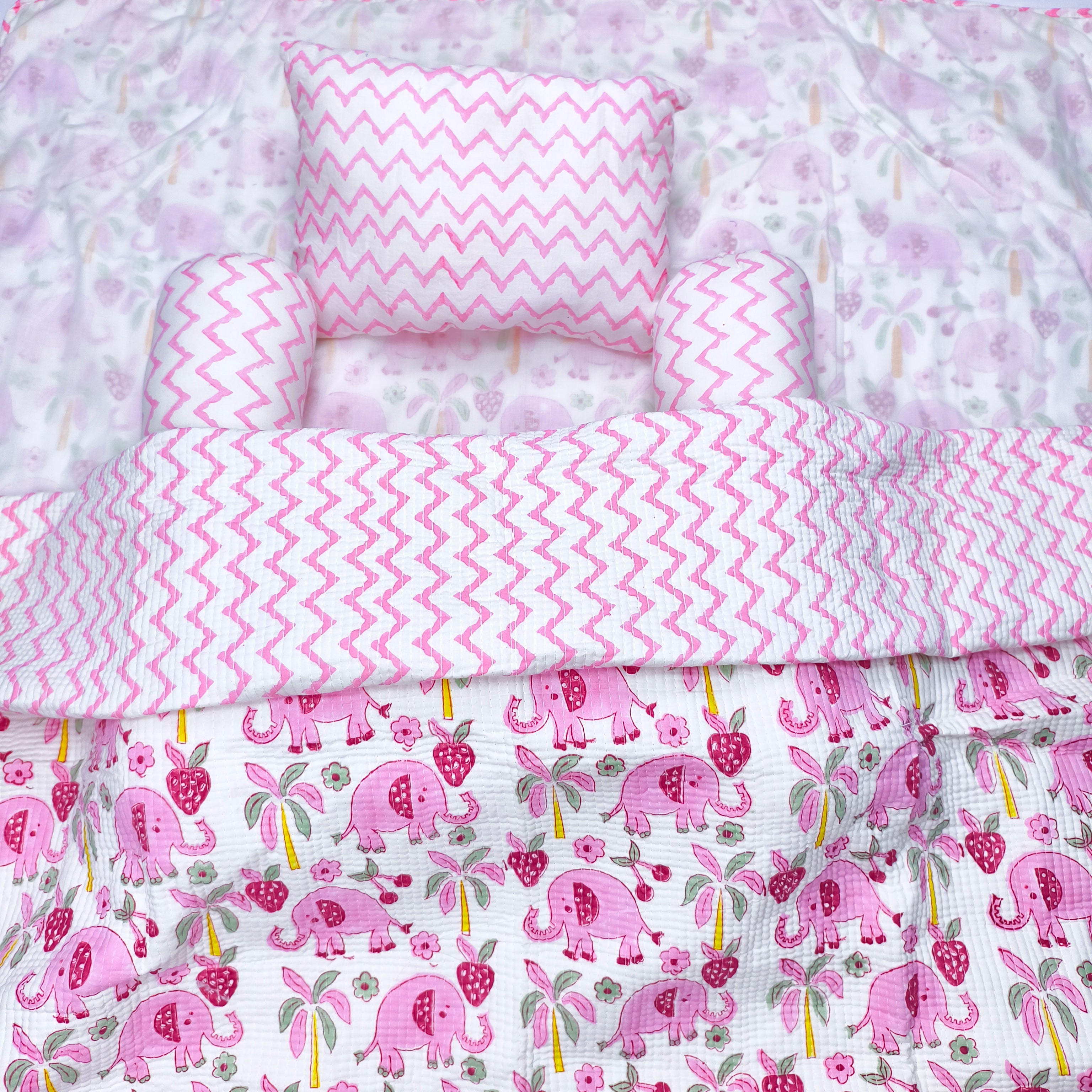 Pink Elephant Baby Bedding Set with Pillow & Bolsters