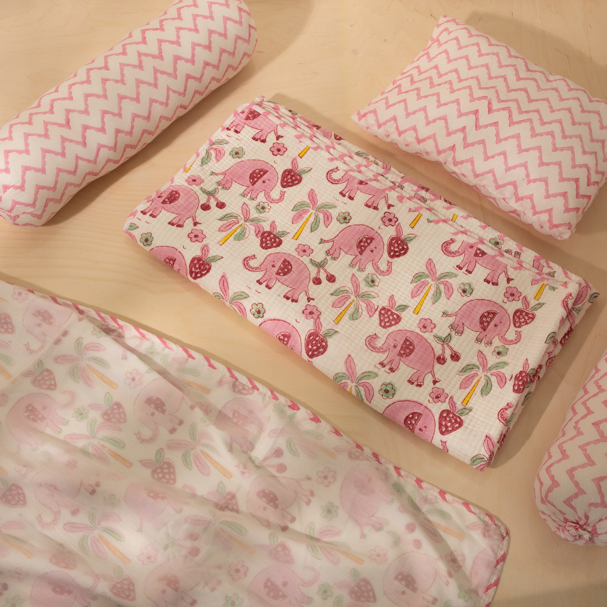 Pink Elephant Baby Bedding Set with Pillow & Bolsters