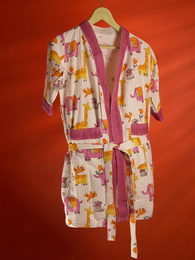 Jungle Kids Bathrobe-Cotton Waffle Blockprint