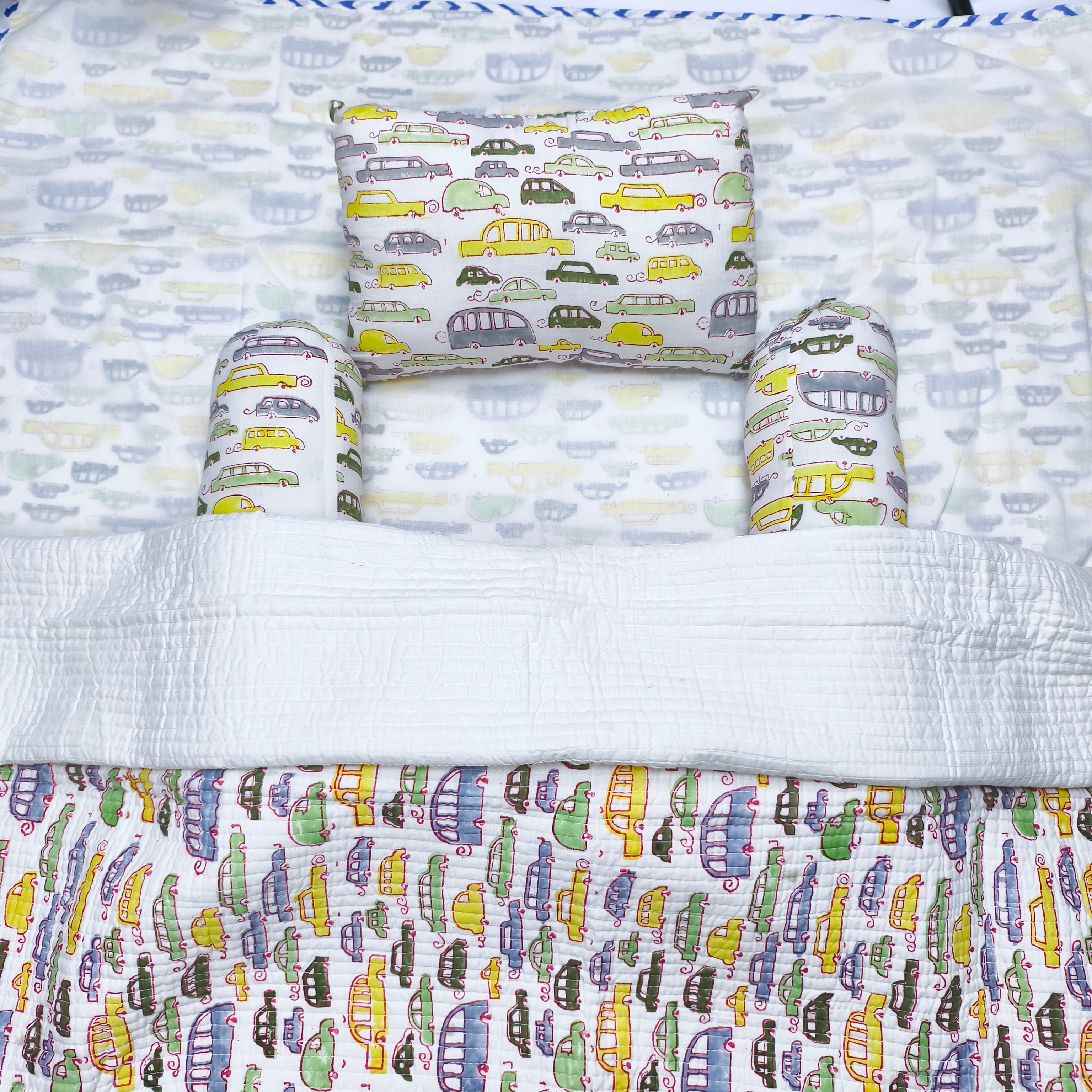 Cars Handblock  Baby Bedding Set with Pillow & Bolsters