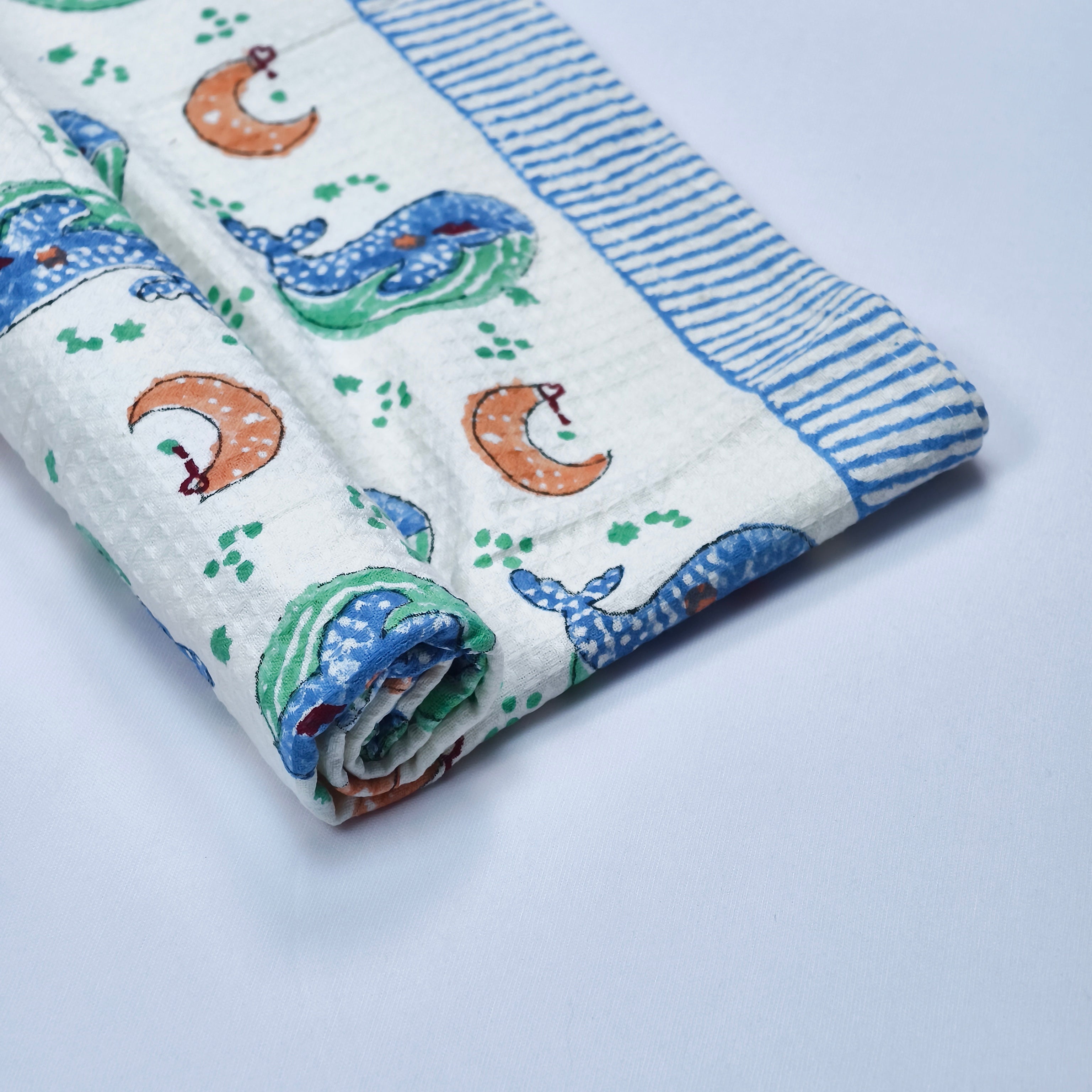 Whale & Moon Print Handblock Cotton Baby Towel – Soft & Quick Dry