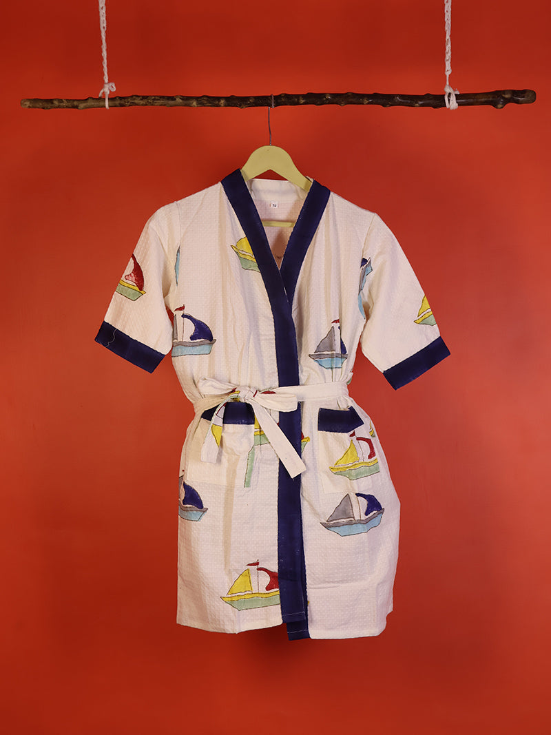 Nautical Sea Yacht  Kids Bathrobe-Cotton Waffle Blockprint