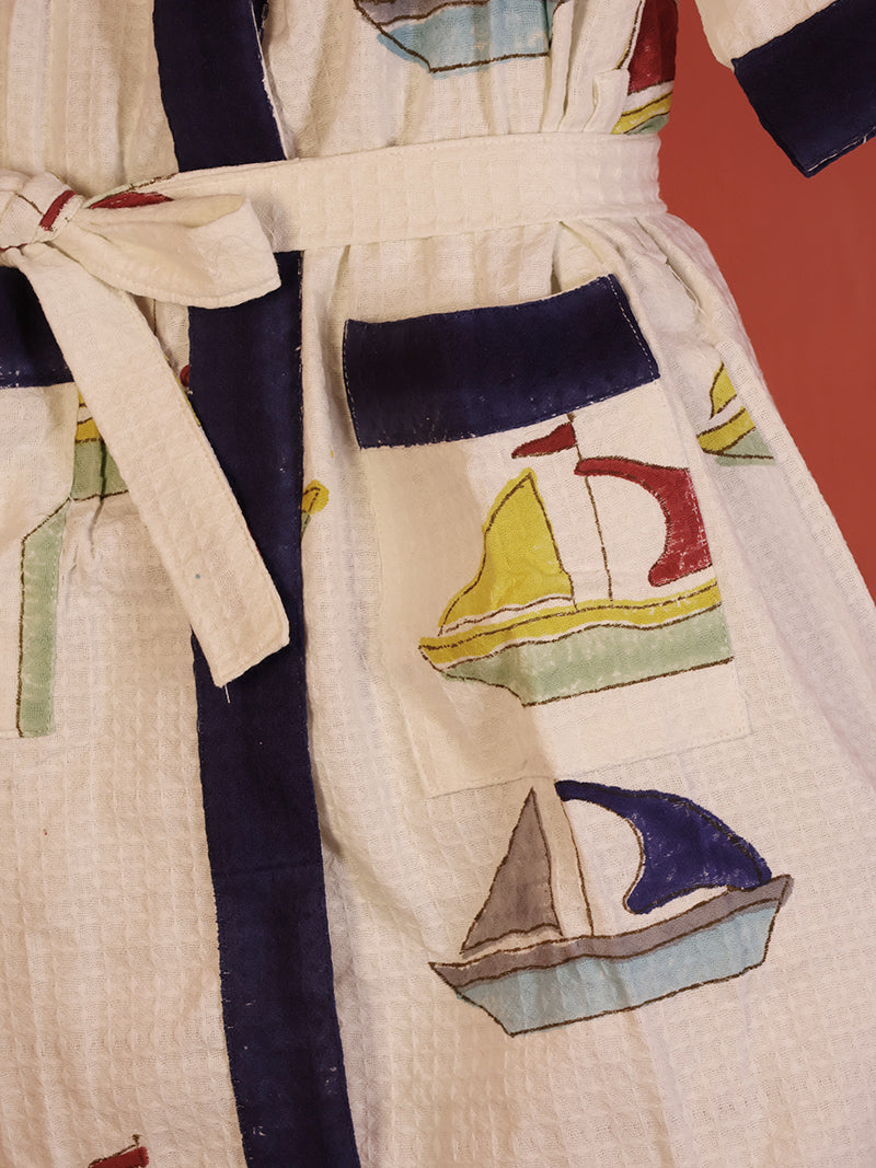 Nautical Sea Yacht  Kids Bathrobe-Cotton Waffle Blockprint