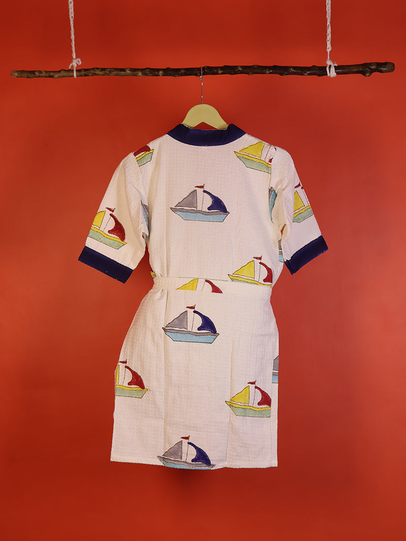 Nautical Sea Yacht  Kids Bathrobe-Cotton Waffle Blockprint