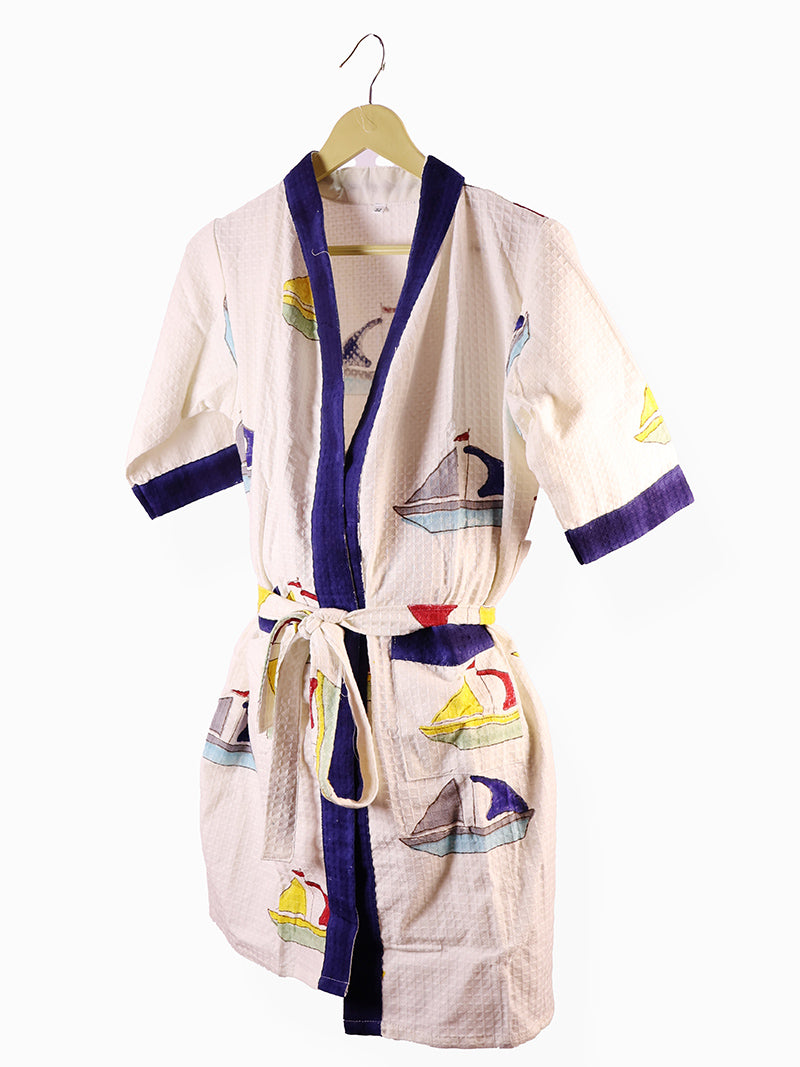 Nautical Sea Yacht  Kids Bathrobe-Cotton Waffle Blockprint