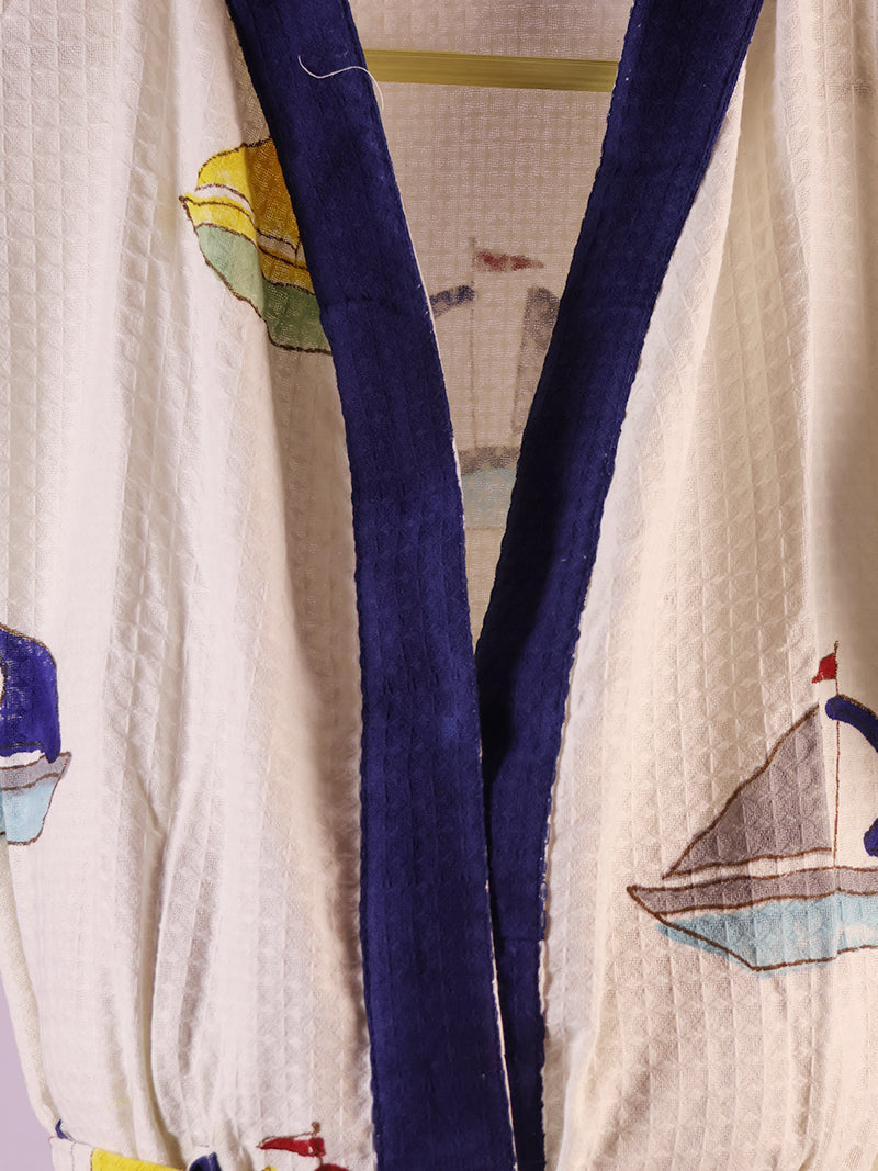 Nautical Sea Yacht  Kids Bathrobe-Cotton Waffle Blockprint