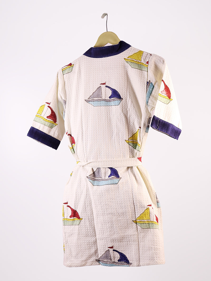 Nautical Sea Yacht  Kids Bathrobe-Cotton Waffle Blockprint