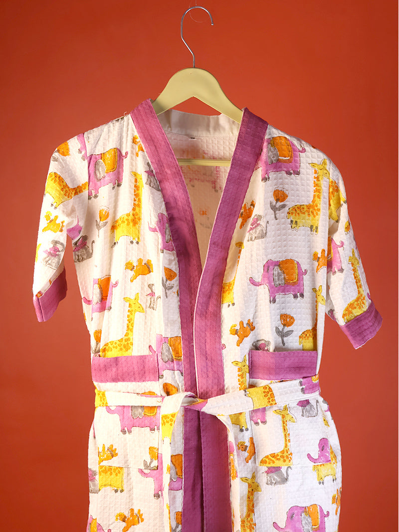 Jungle Kids Bathrobe-Cotton Waffle Blockprint