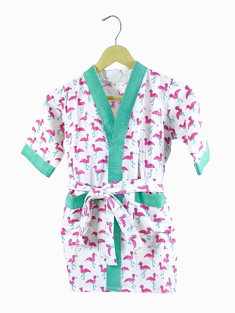 Flamingo Print Handblock Cotton Kids Bathrobe – Soft & Quick Dry.