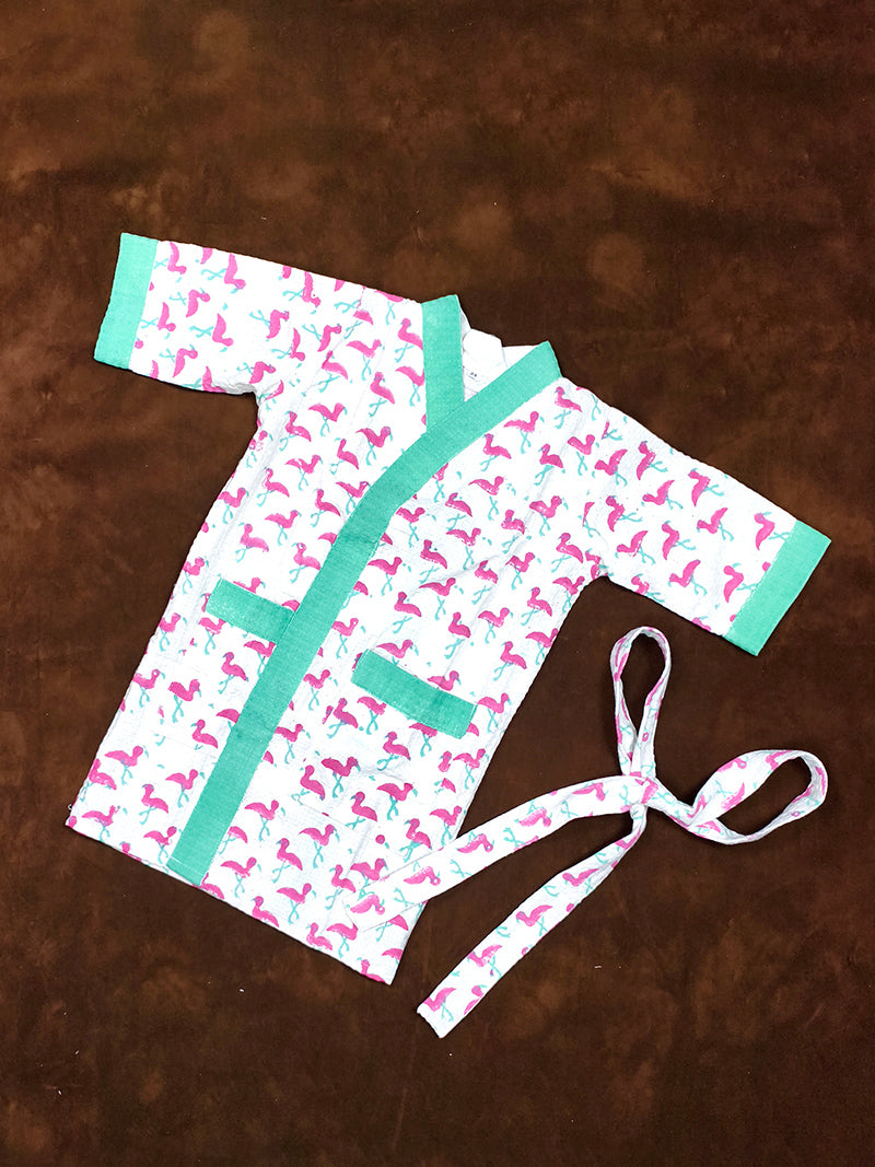 Flamingo Print Handblock Cotton Kids Bathrobe – Soft & Quick Dry.