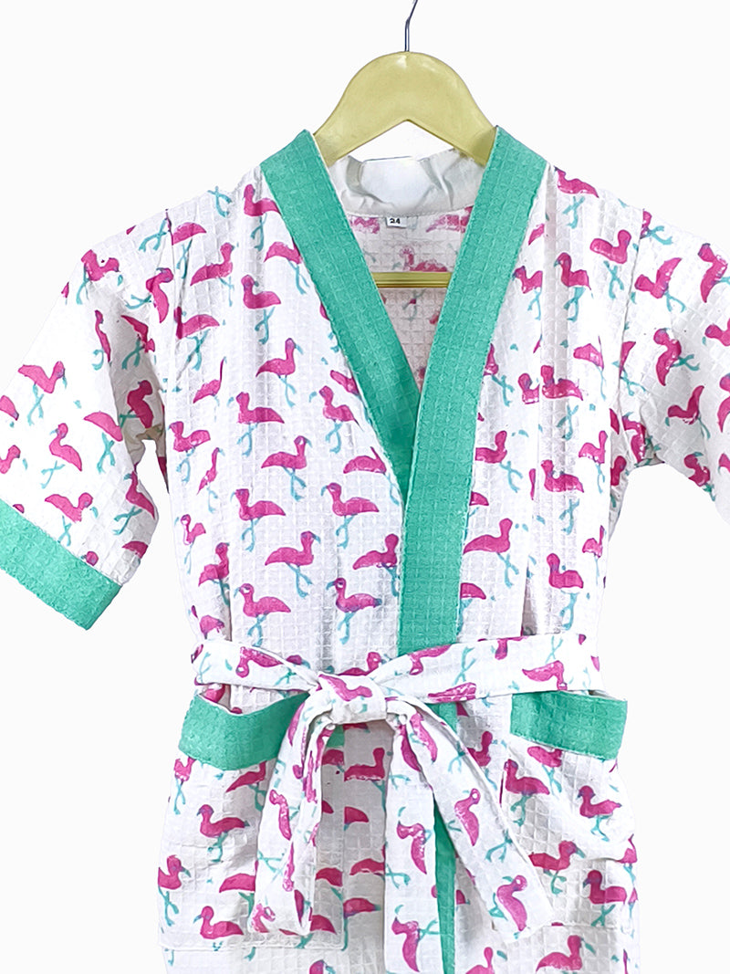 Flamingo Print Handblock Cotton Kids Bathrobe – Soft & Quick Dry.