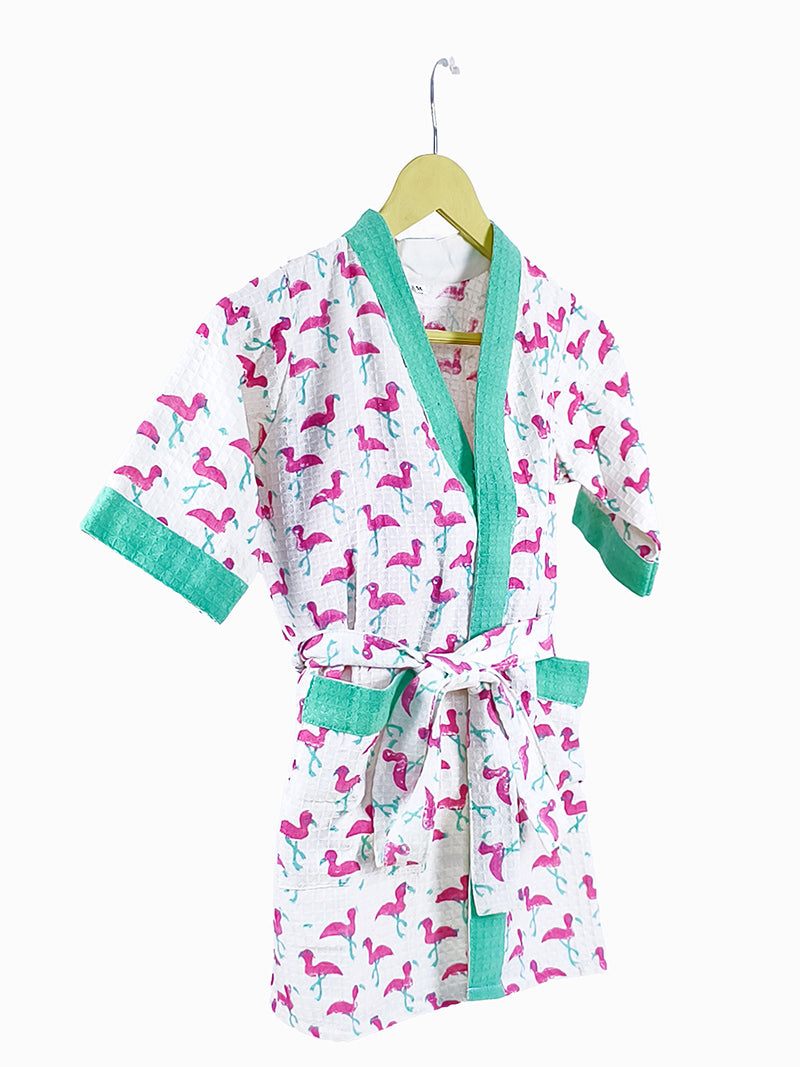 Flamingo Print Handblock Cotton Kids Bathrobe – Soft & Quick Dry.