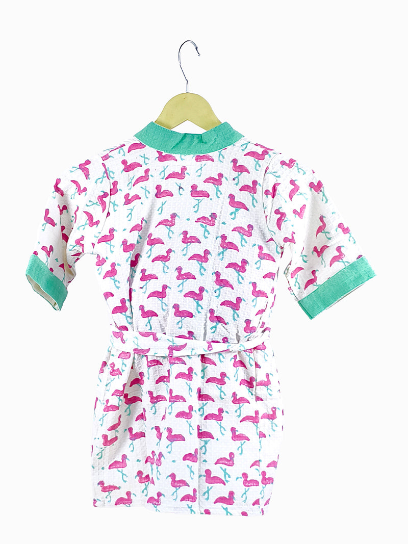 Flamingo Print Handblock Cotton Kids Bathrobe – Soft & Quick Dry.