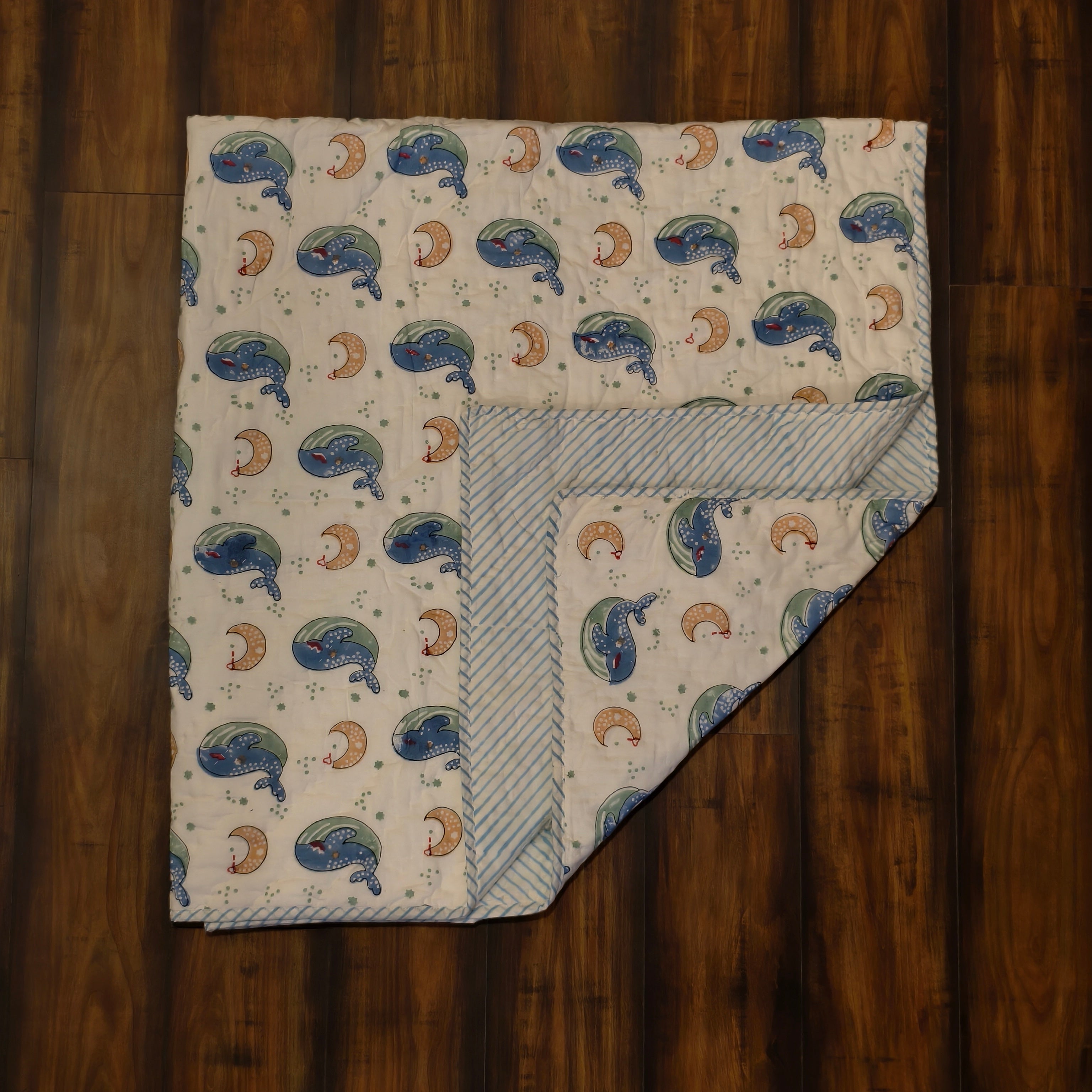 Whale & Moon Print Reversible Muslin Cotton Quilt for Kids