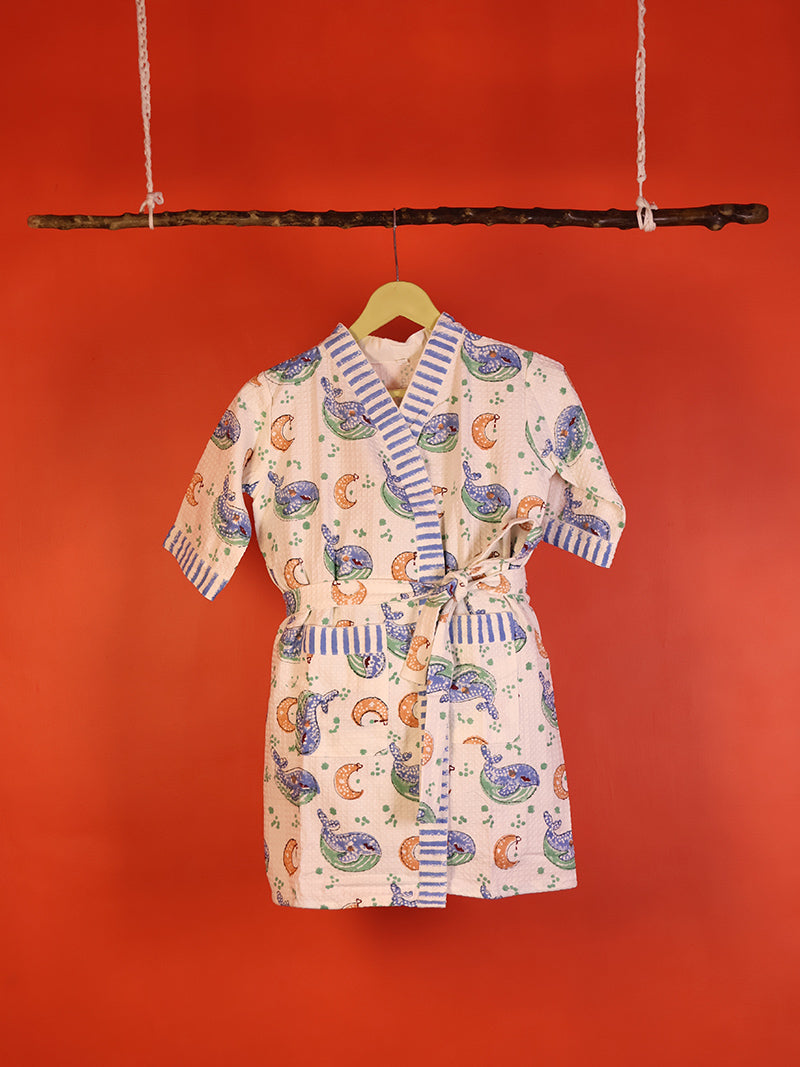 Ocean Whale & Moon Kids Bathrobe-Cotton Waffle Blockprint