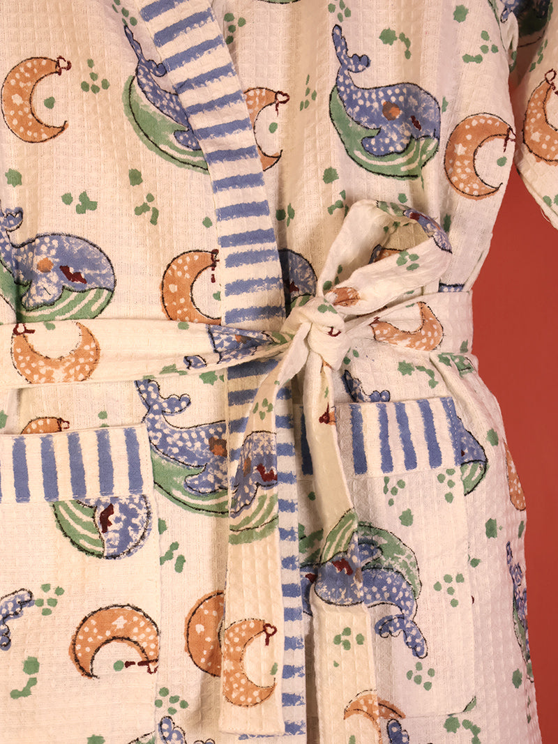 Ocean Whale & Moon Kids Bathrobe-Cotton Waffle Blockprint