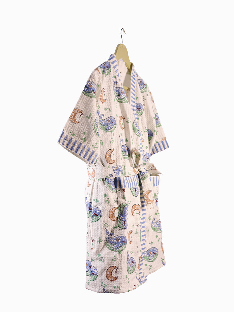 Ocean Whale & Moon Kids Bathrobe-Cotton Waffle Blockprint