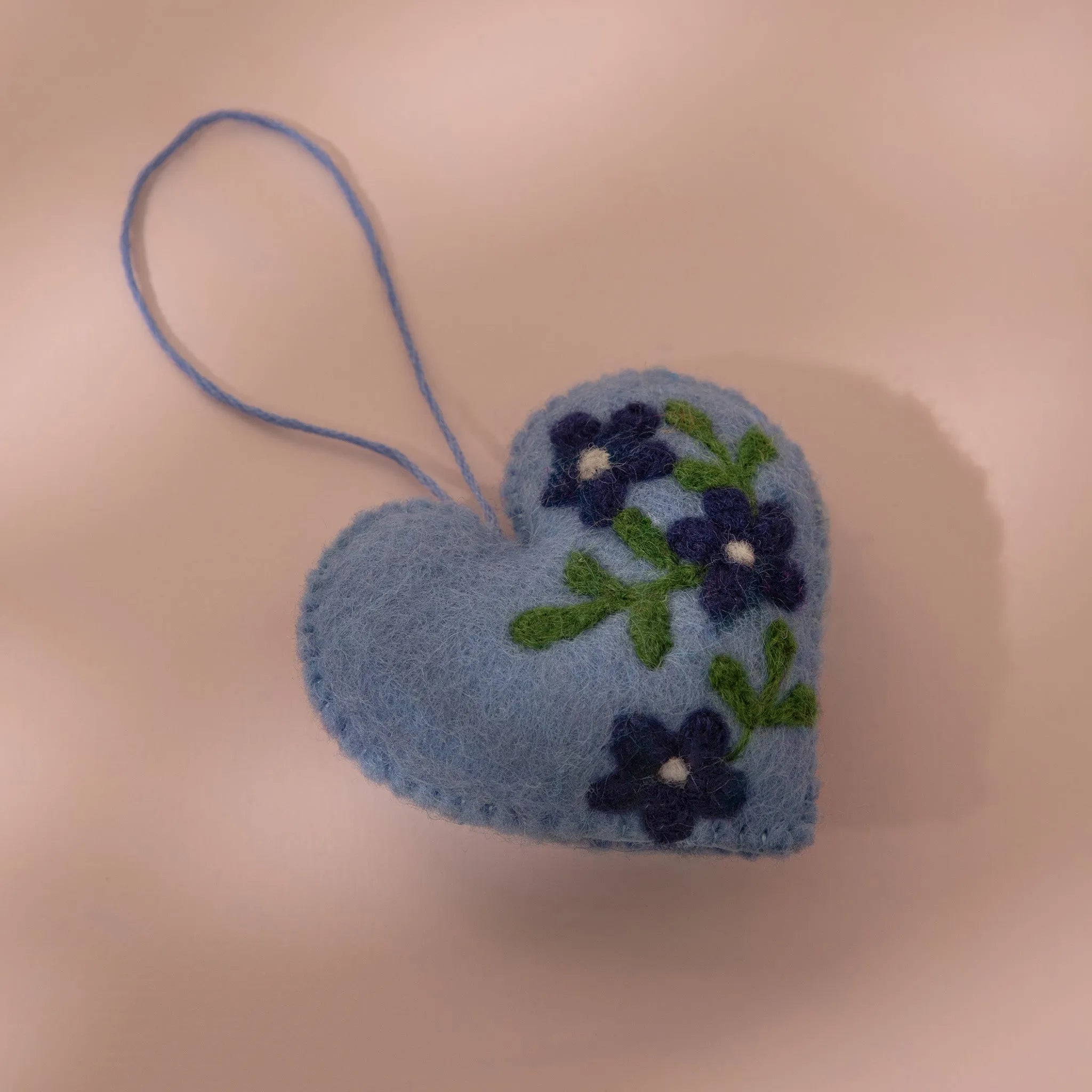 Blue Floral Heart Wool Felt Plush Toy