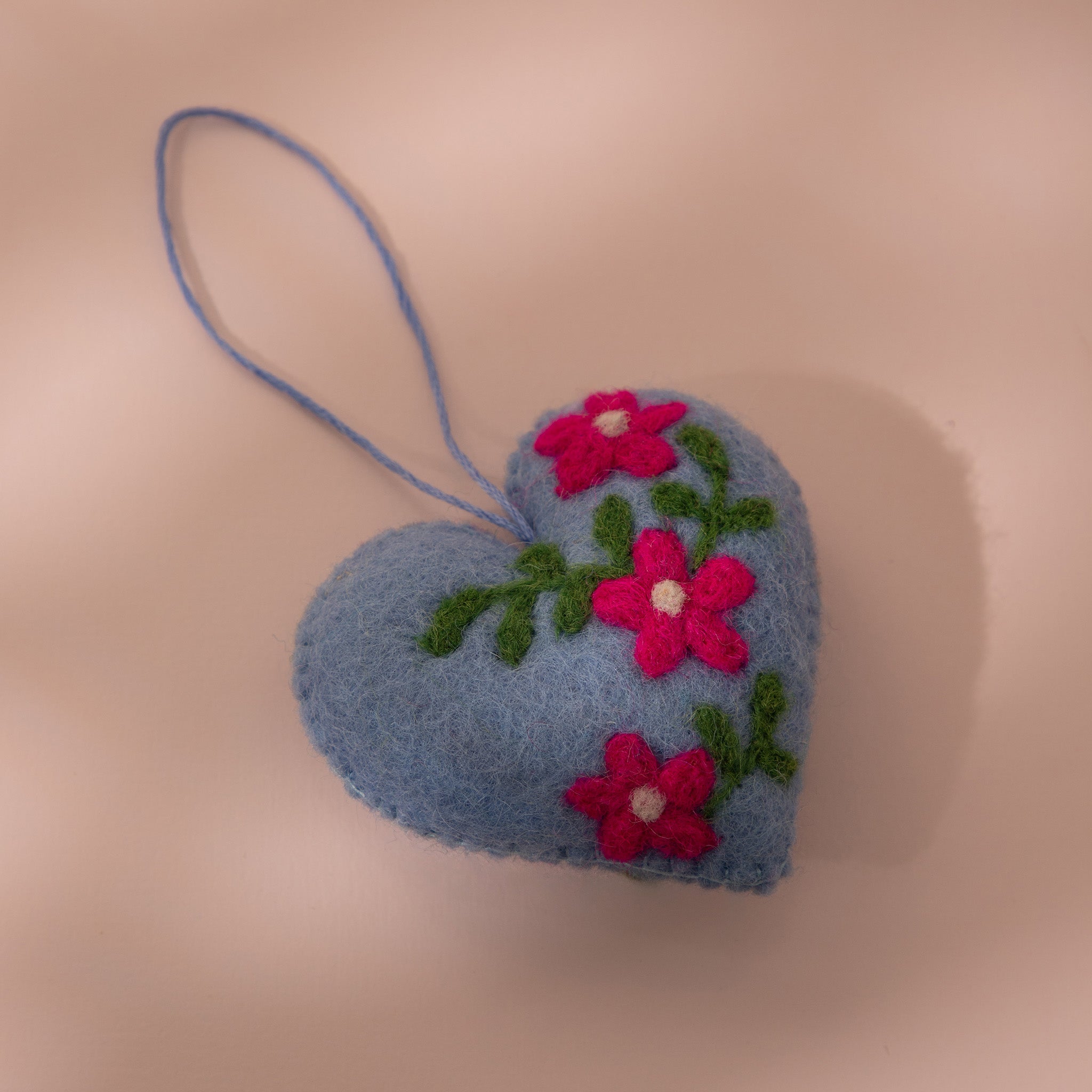 Blue Floral Heart Wool Felt Plush Toy