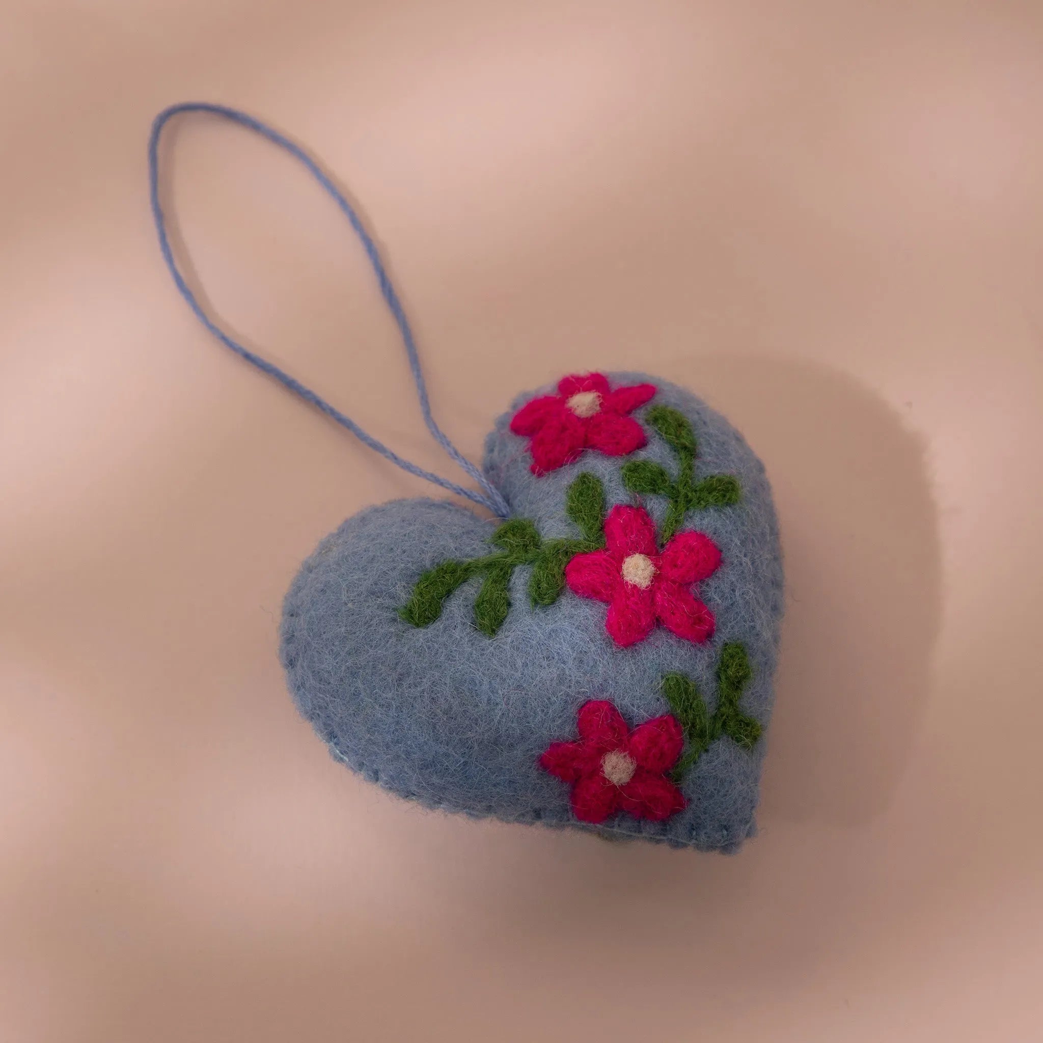 Blue Floral Heart Wool Felt Plush Toy