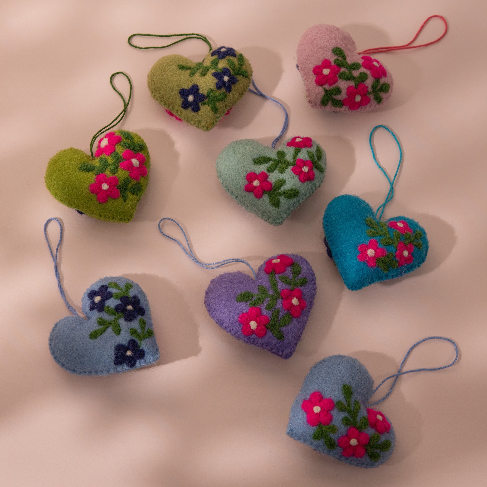 Blue Floral Heart Wool Felt Plush Toy