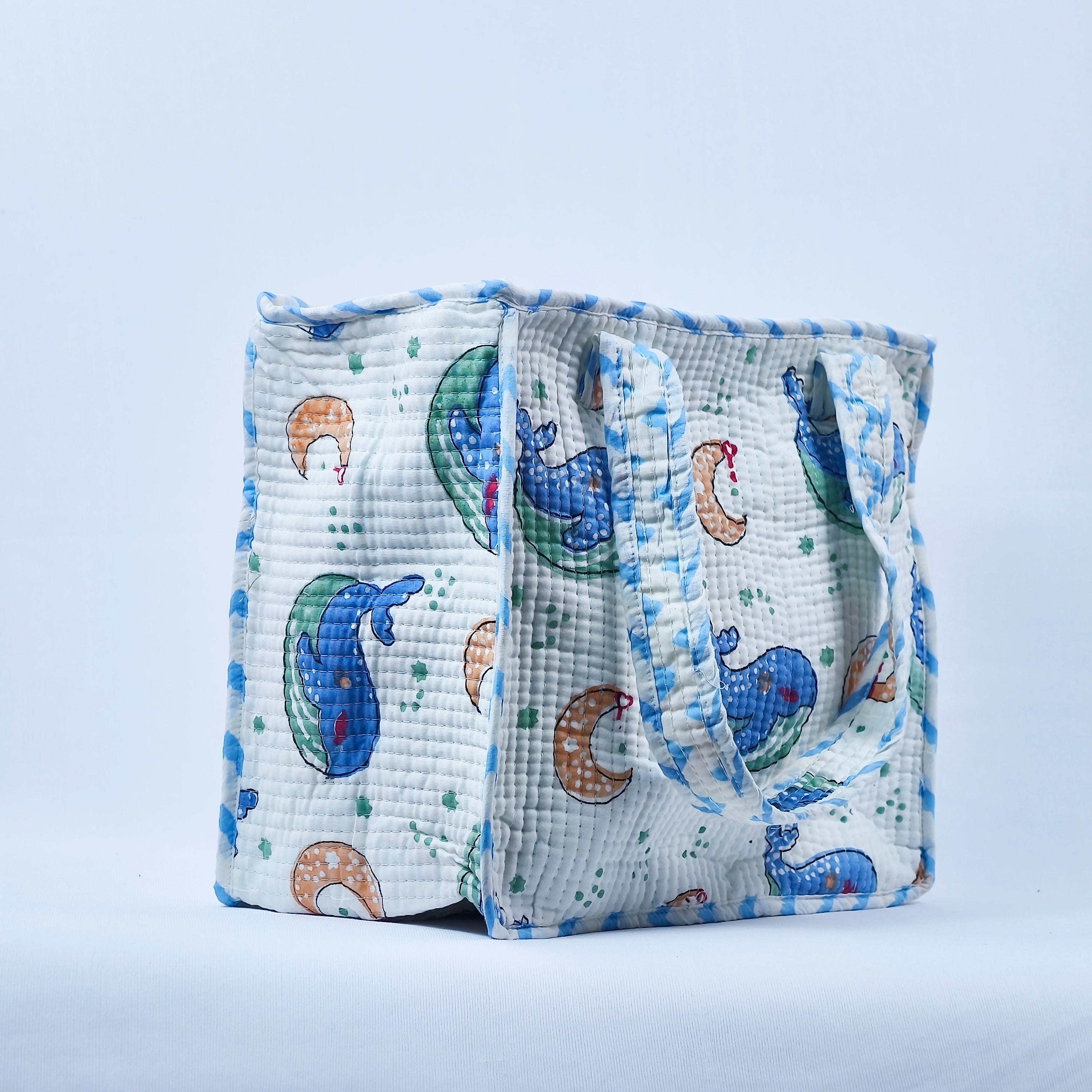 Ocean Whale & Moon Kids Quilted Tote Bag – Cotton Waffle