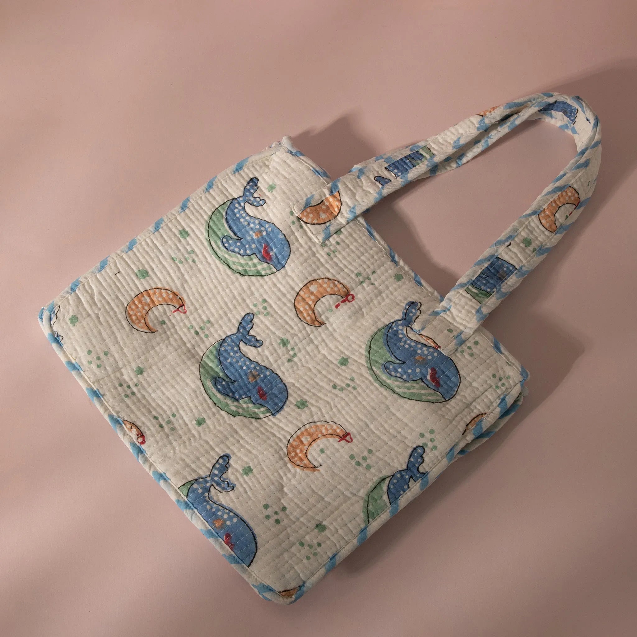 Ocean Whale & Moon Kids Quilted Tote Bag – Cotton Waffle