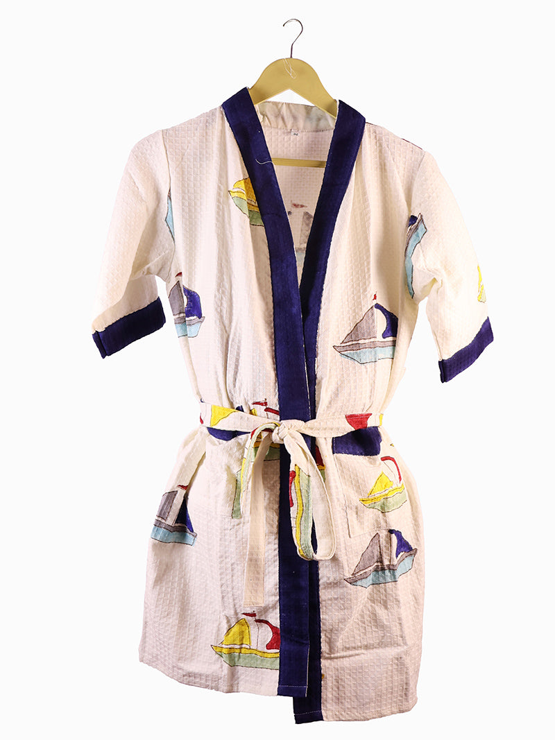Nautical Sea Yacht  Kids Bathrobe-Cotton Waffle Blockprint