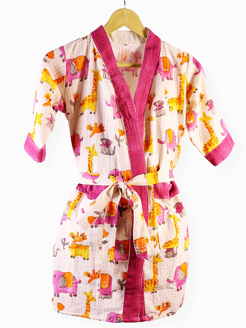 Jungle Kids Bathrobe-Cotton Waffle Blockprint