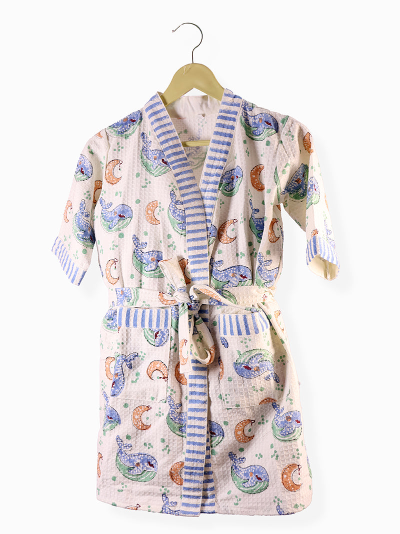 Ocean Whale & Moon Kids Bathrobe-Cotton Waffle Blockprint
