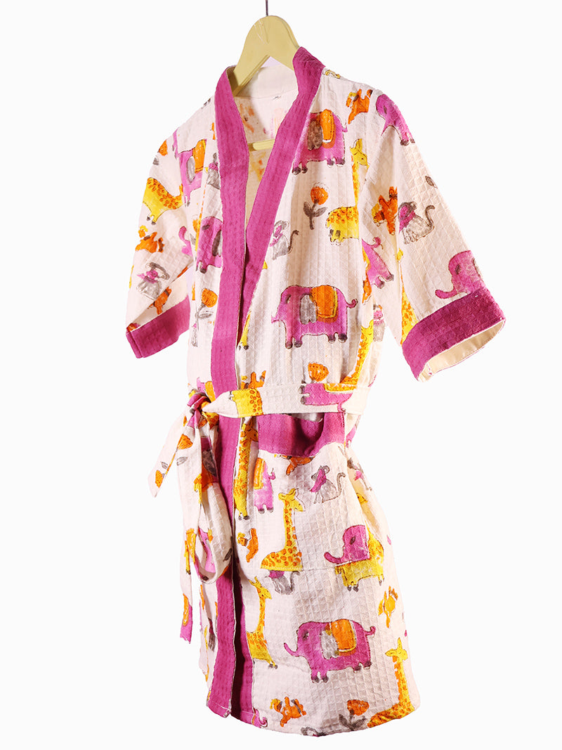 Jungle Kids Bathrobe-Cotton Waffle Blockprint
