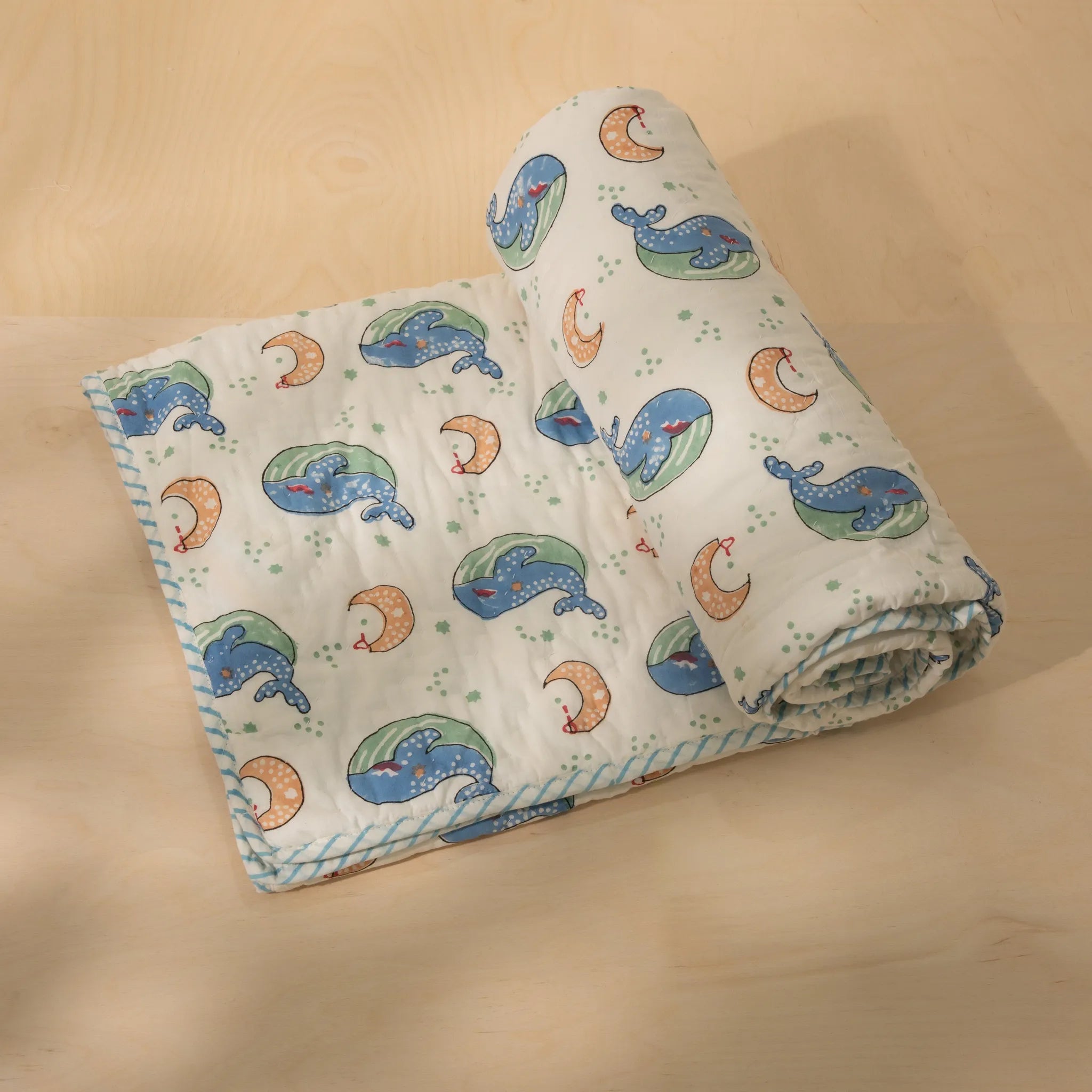 Whale & Moon Print Reversible Muslin Cotton Quilt for Kids