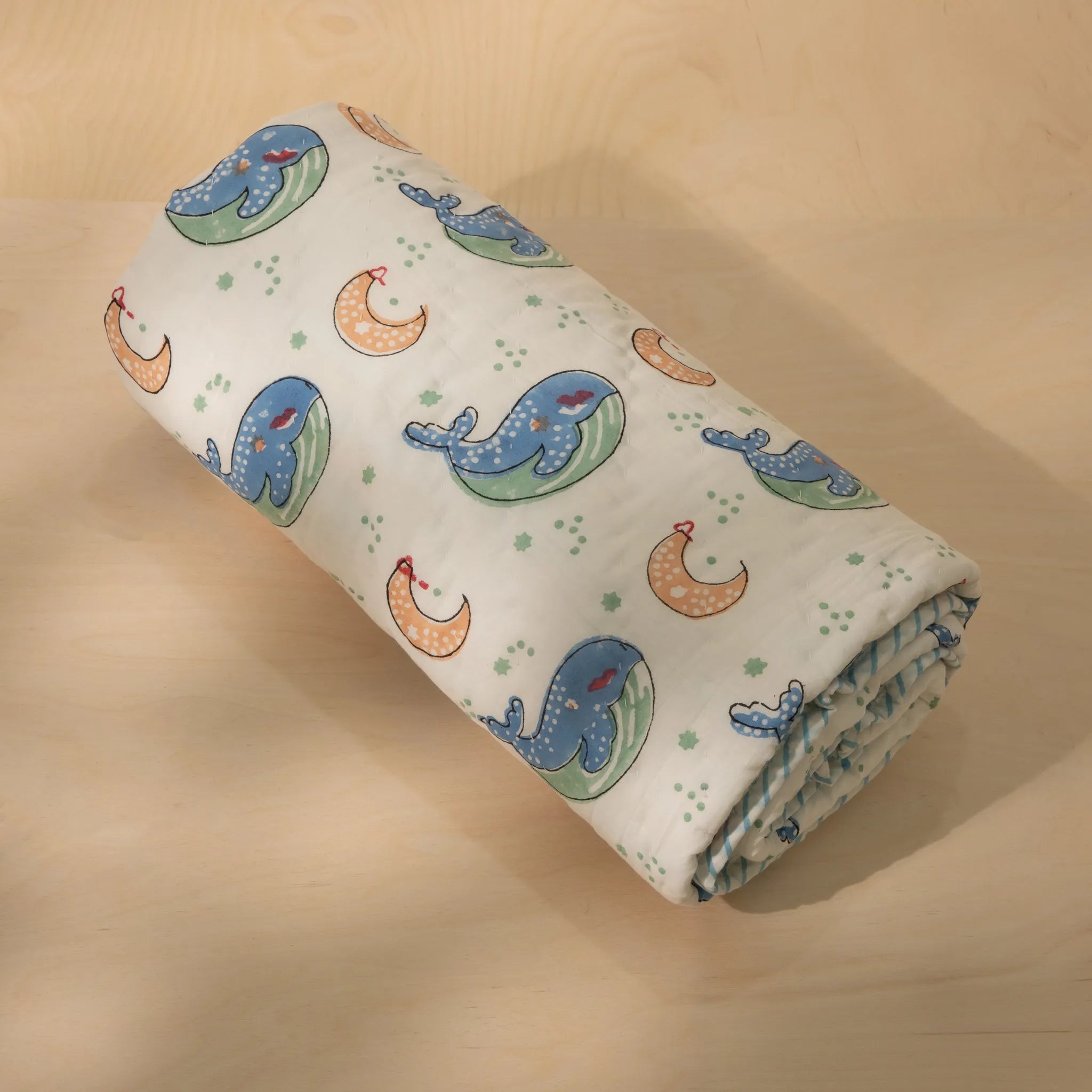 Whale & Moon Print Reversible Muslin Cotton Quilt for Kids